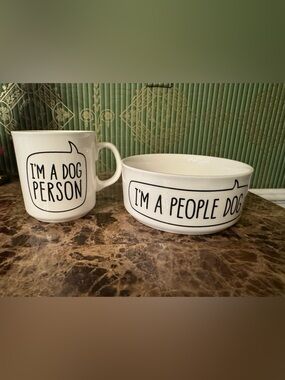 Fred White Ceramic Dog Bowl and Coffee Mug